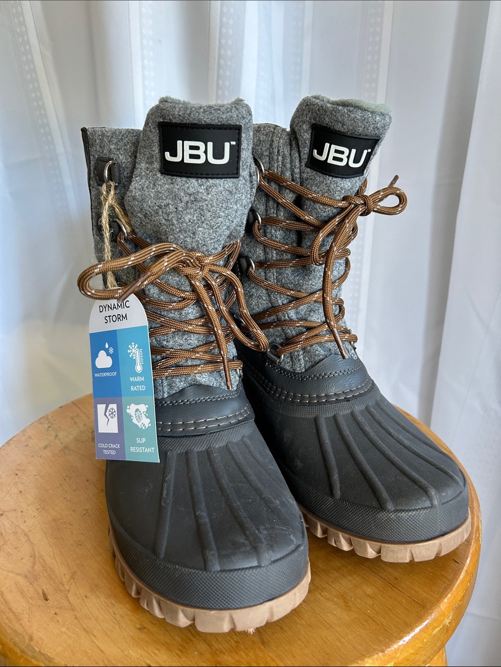 NWT JBU Ladies Gray Winter Rain & Snow Boots with Brown Laces